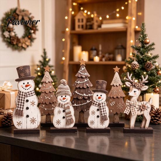 Handcrafted Holiday Gift Ideas 7Pcs Christmas Wooden Tabletop Ornaments, Snowman Tree Reindeer Tiered Tray Table Centerpieces Decor for Mantel, Rustic