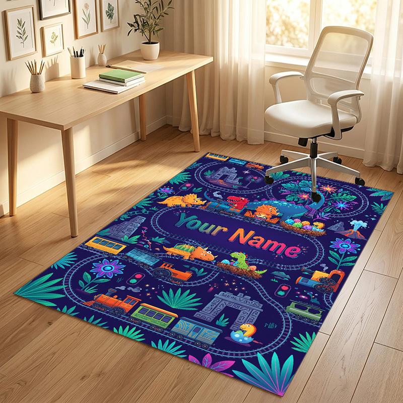 Dinosaur Theme Crystal Velvet Rug Personalized Custom Name Text Soft Floor Mat Home Decor