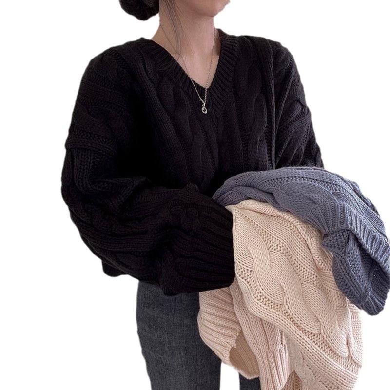 Korean Chic V-Neck Cropped Knit Sweater - Autumn/Winter 2026 Women's Fashion