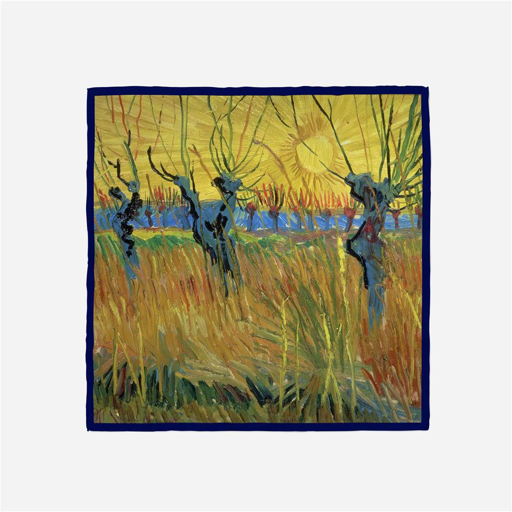 53CM Silk Scarf Woman Sunset Willow Design Square Scarves Wraps Bandana Small Hijab Foulards Tie Headband Neckerchief