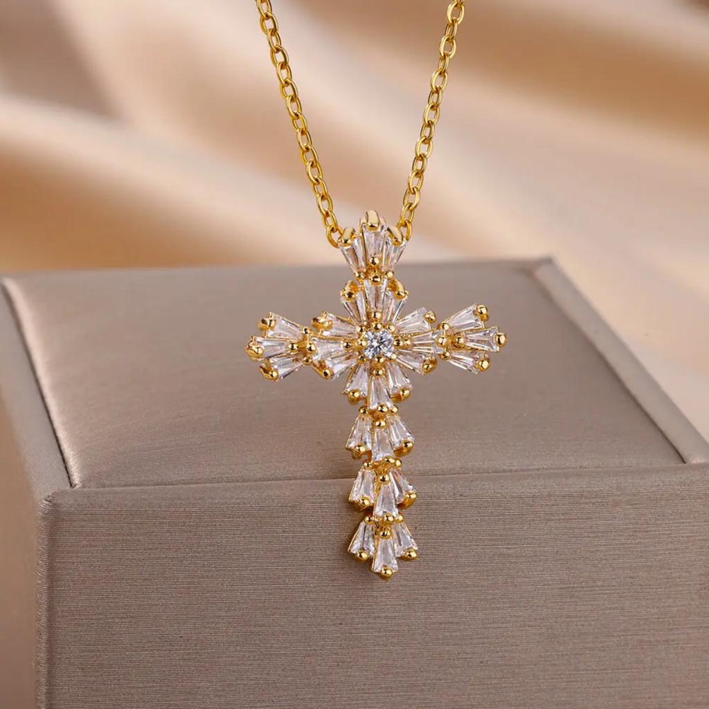 Luxury Zirconia Cross Pendant Necklace for Women Zircon Crystal Stainless Steel Chain Charm New Trend Aesthetic Jewerly Collares