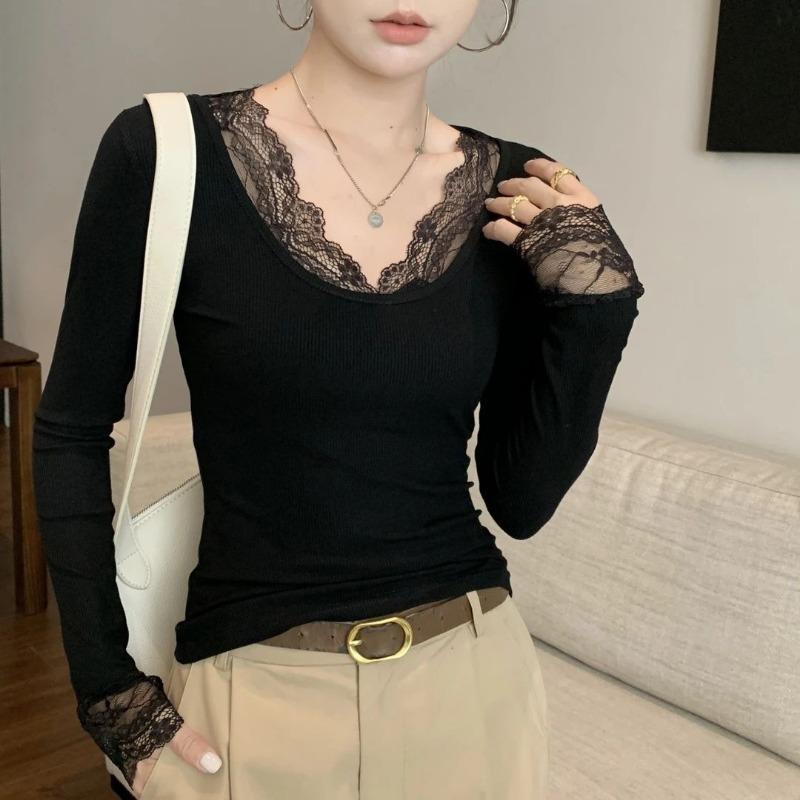 Women Lace Trim Ribbed Long Sleeve T Shirt Solid Slim Fit Base Layer Top
