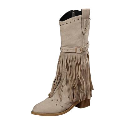 Womens Socks Mid Calf Cowboy Boots For Women Western Boot Pointed Toe Low Chunky Heel Tassel Decoration Booties Shoes For Woman