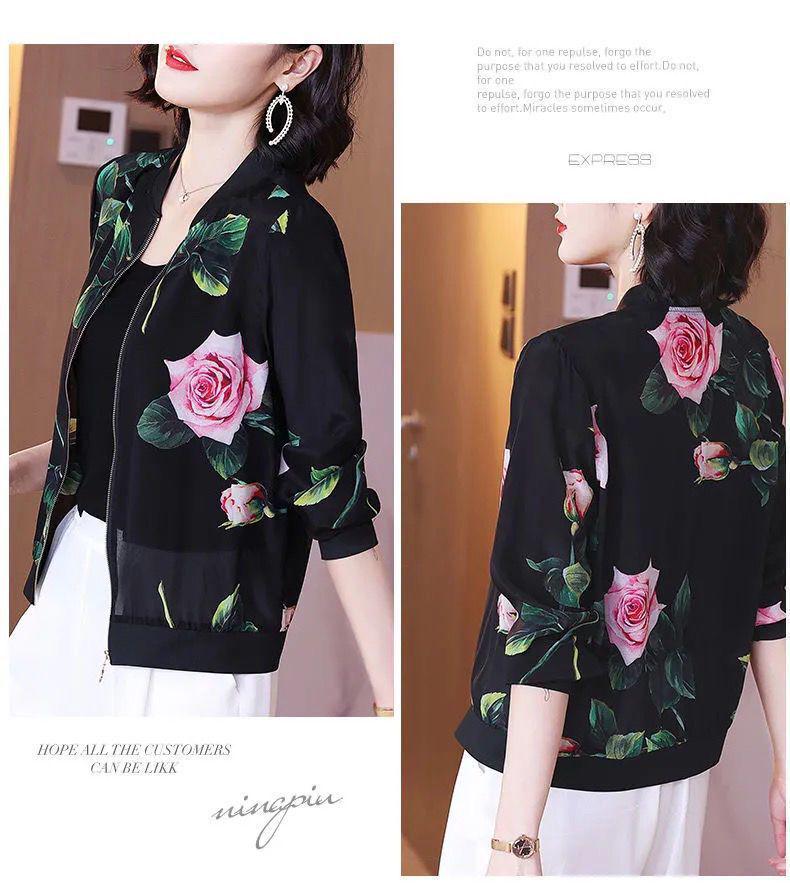 Women's Plus Size Chiffon Printed Baseball Jacket - Summer 2026 Style, Lightweight, Age-Reducing, Sun Protection Short Coat