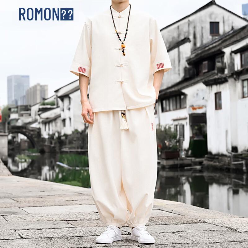 

ROMON Men s New Chinese Style Ice Silk Short Sleeve Shirt Set 4XL