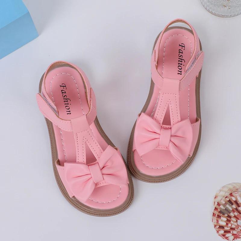 Kids Fashion Girls Sandals New Bow Versatile Open-toe Breathable Simple Platform Casual Shoes Hook Loop Princess Shoes 26