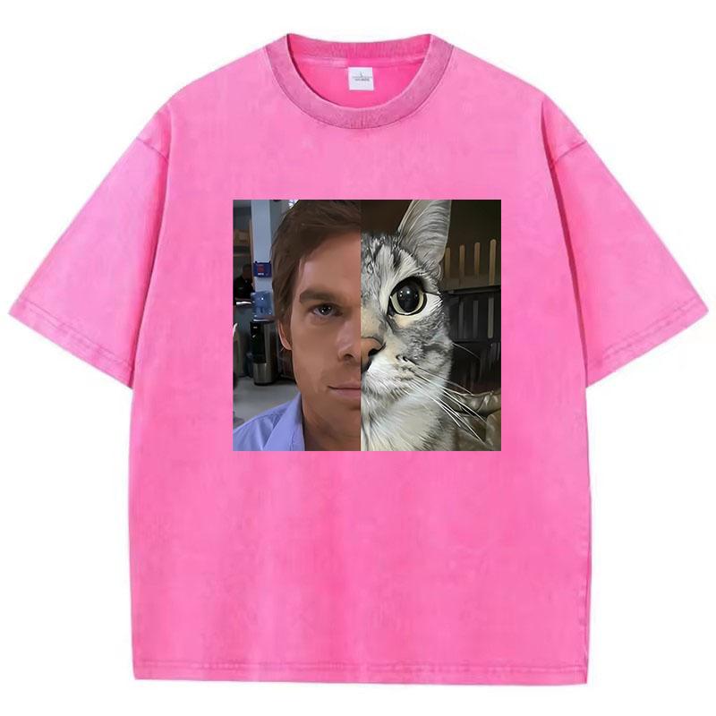 Fashion T Shirt Vintage Washed Cotton T-Shirt Movie Cat Graphic Tee Casual Streetwear Spring Summer Clothing