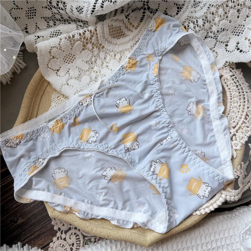 Women Cute Cartoon Ice Silk Screen Flower Sweet Plaid Polka Dots Flanged Low-rise Women's Panties