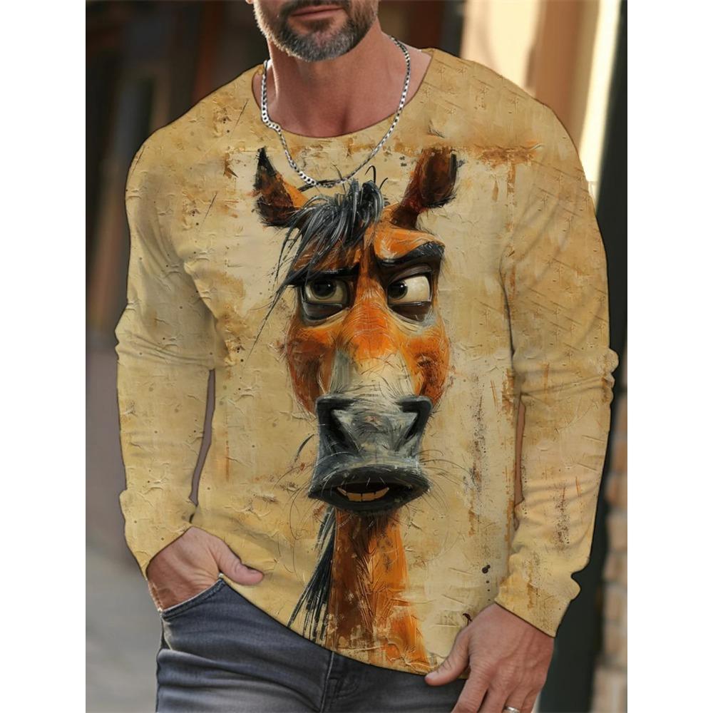 Funny Animal 3D Digital Printed Men's Personalized Trendy Round Neck Long Sleeved T-shirt