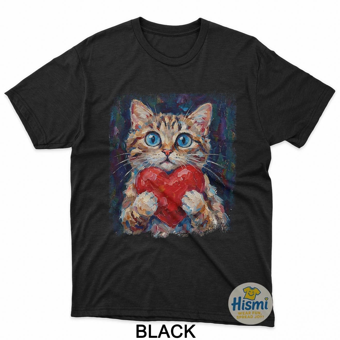 Cute Cat Holding Heart Valentine Kitten Lovers T-Shirt M