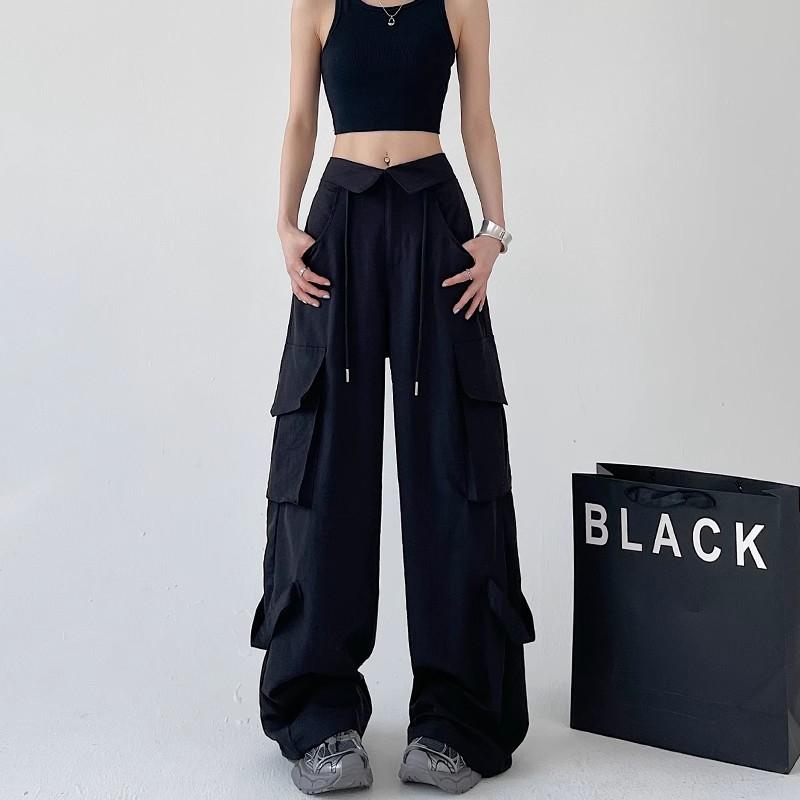 Quick-drying Paratrooper Overalls Women's Autumn New Design Sense Turned Waist Casual Loose Straight Wide-leg Sweatpants