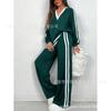 1116 trendy brand spring and autumn new fashion casual V-neck striped trousers long-sleeved crew neck suit women's clothing