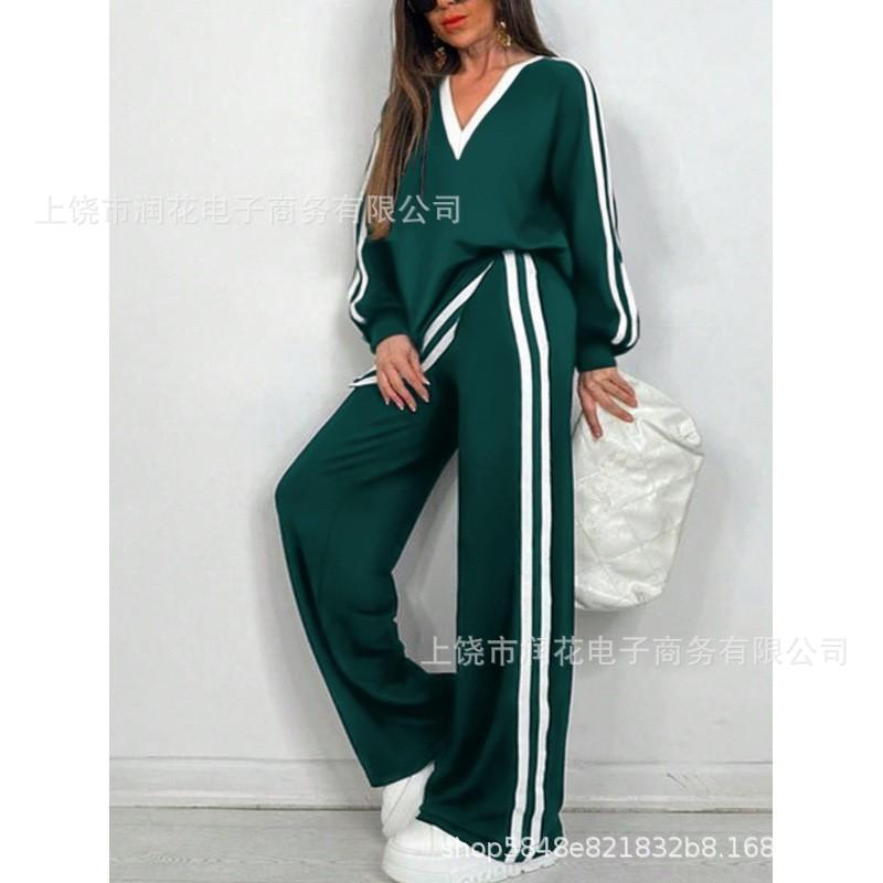 1116 trendy brand spring and autumn new fashion casual V-neck striped trousers long-sleeved crew neck suit women's clothing