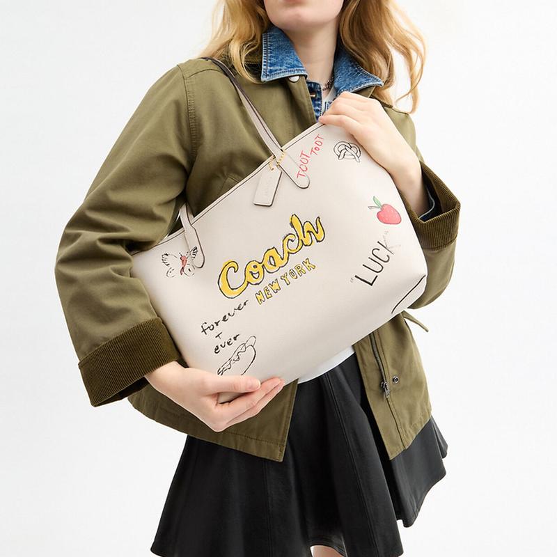 COACH City 33 Sketch Printed Brand Logo Cowhide Tote Bag Shopping Bag Shoulder Bag Large Women's Chalk White