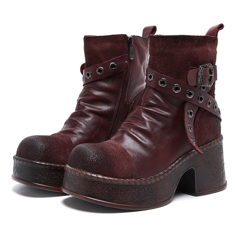 Women Motorcycle Boots Genuine Leather  New Zip Round Toe Women Shoes Sewing Handmade Retro Ankle Platform Boots