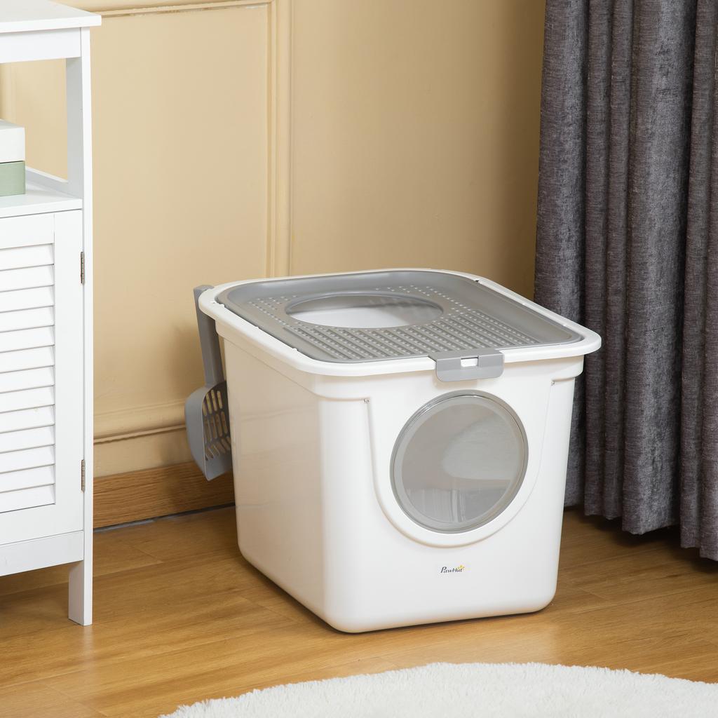 Enclosed Cat Litter Box with 2 Entrances, Tray and Scoop, Made of PE Plastic, 44x55x39 Cm, White
