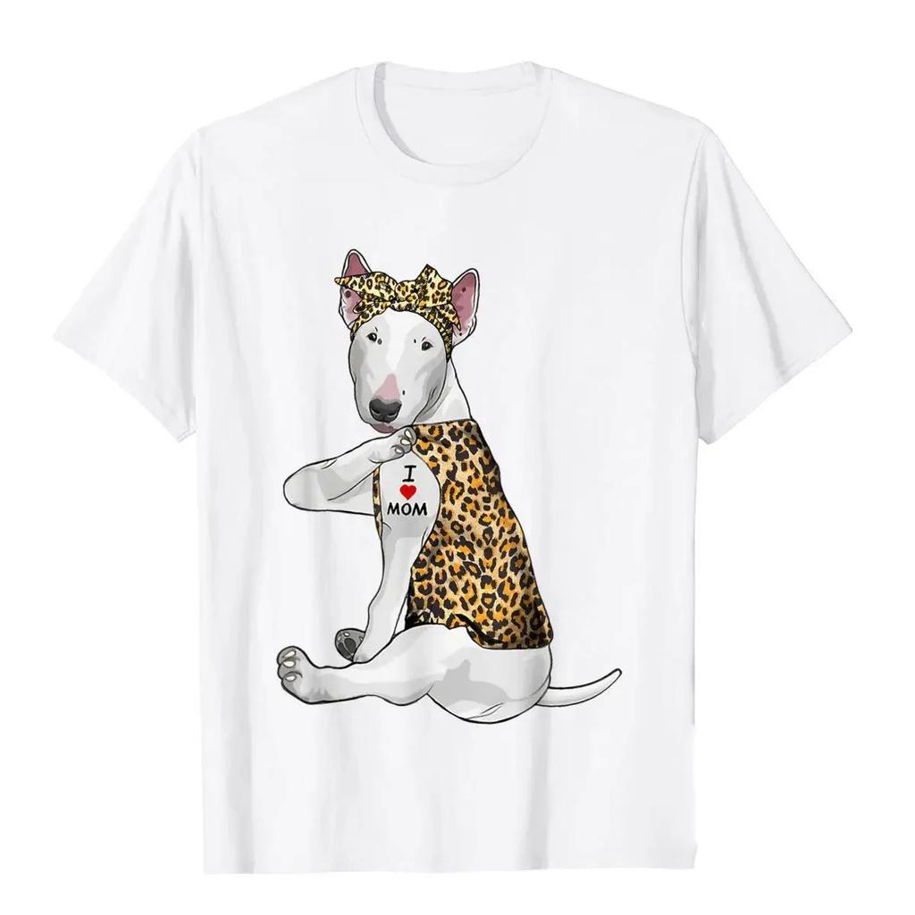 I Love Mom Tattoo Funny Bull Terrier Dog With Bandana T-shirts Wholesale Women's Tops and T-shirts