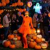Halloween Party Jumpsuits Orange Full Bodysuit, with Tulle Skirt, Fake Belly, Yellow Mustache & Eyebrows, Cosplay Outfit Open Face Zentai Suit,