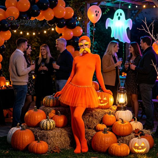 Halloween Party Jumpsuits Orange Full Bodysuit, with Tulle Skirt, Fake Belly, Yellow Mustache & Eyebrows, Cosplay Outfit Open Face Zentai Suit,