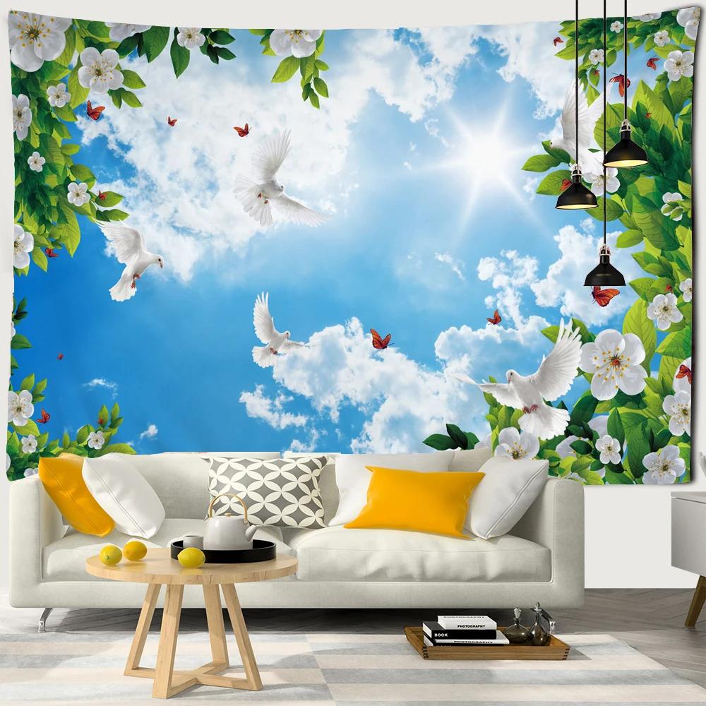 Landscape Tapestry Wall Hanging Sunny Scenery Blue Sky Love Heart Cloud Pigeon Beach Wall Tapestry Backdrop Wall Cloth Tapestry