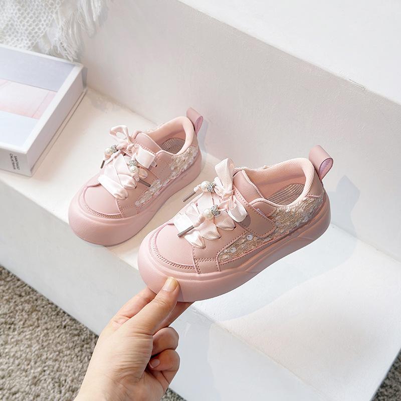

Children Shoes Girls Sneakers Beige Pink Flat Skateboard Sneaker Bling Kids Casual Leather Sports tennis Shoes for Girl H08013 26 розовый