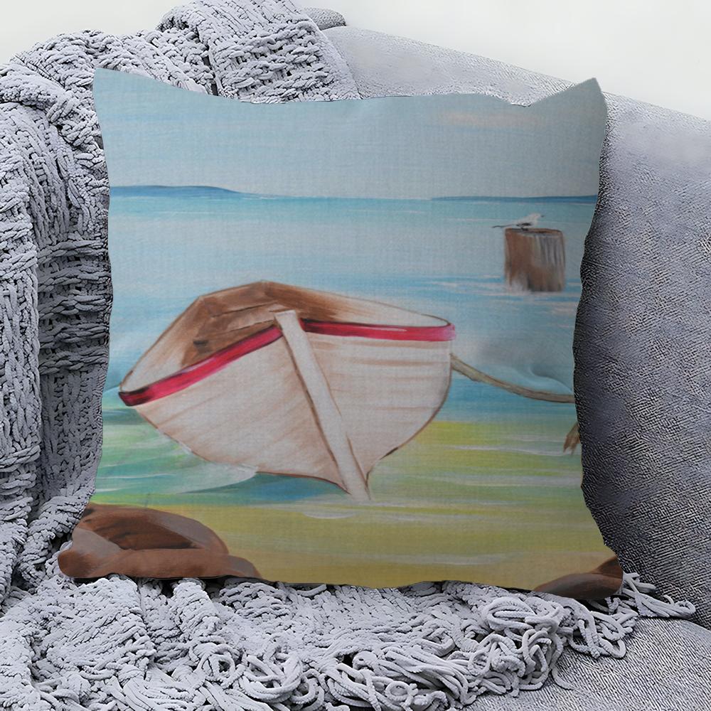 Boat Bay Beach Canvas Painting Pillow Gift Home Office Decoration Pillow Bedroom Sofa Car Cushion CoverPillow Case