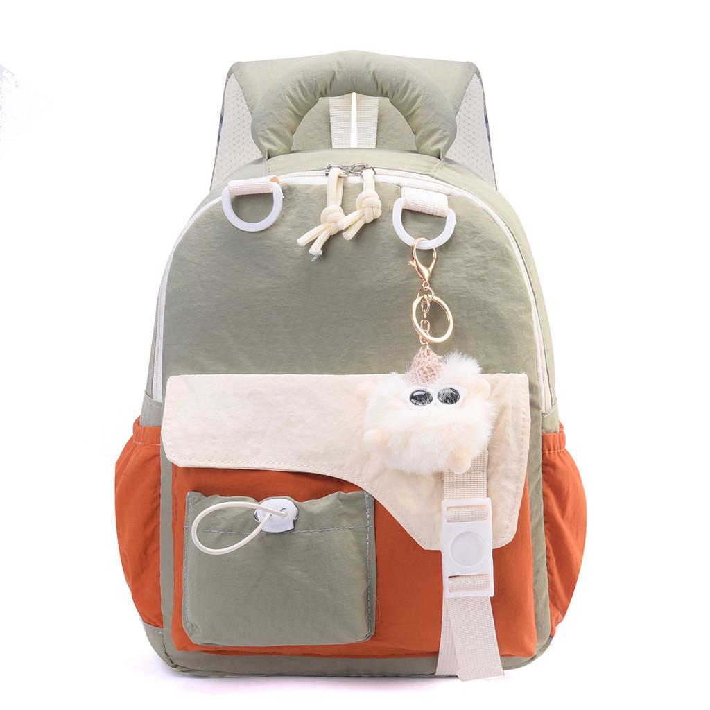 Childrens Blocked Color Backpack With Plush Pendant For School And Outings