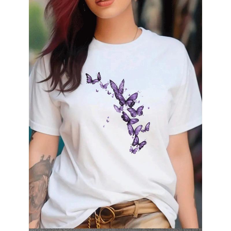European Size European Size Women S White Short Sleeve T-Shirt with Purple Butterfly Print - Breathable Round Neck Casual Top, S белый
