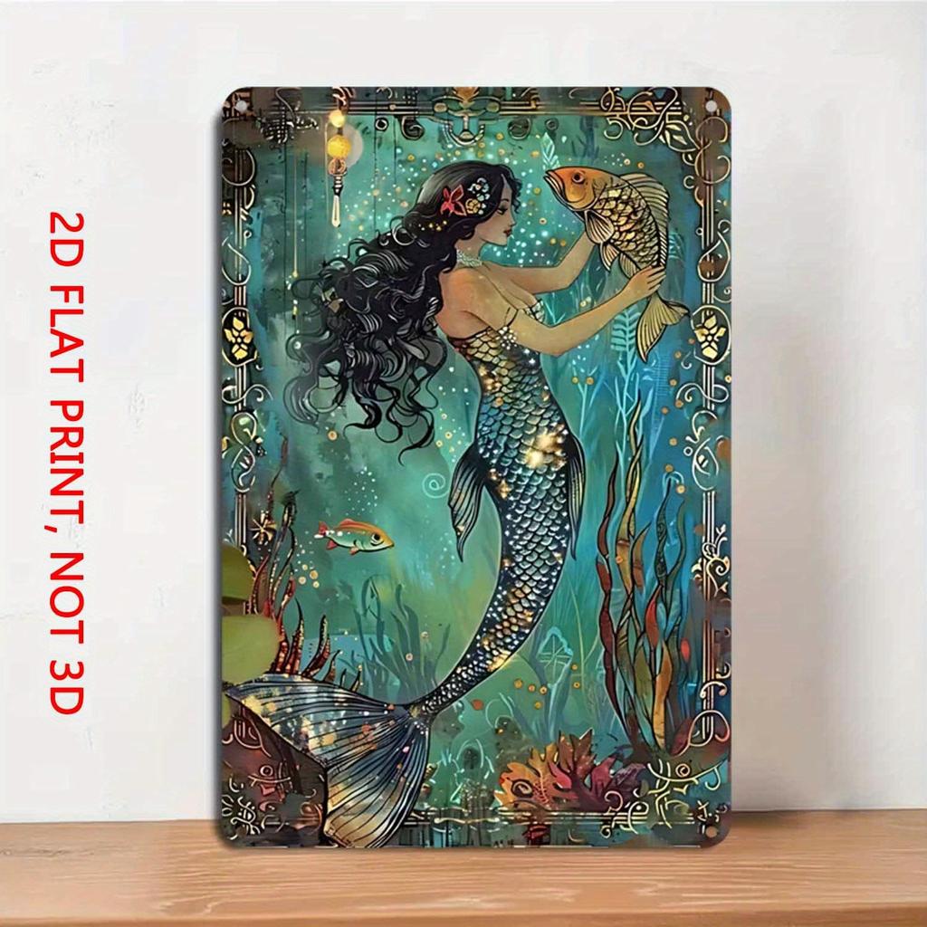 Vintage Mermaid Ocean Life Metal Wall Art Sign Turquoise Blue Green Nautical Map Style x Inches Retro Sea Theme Decor
