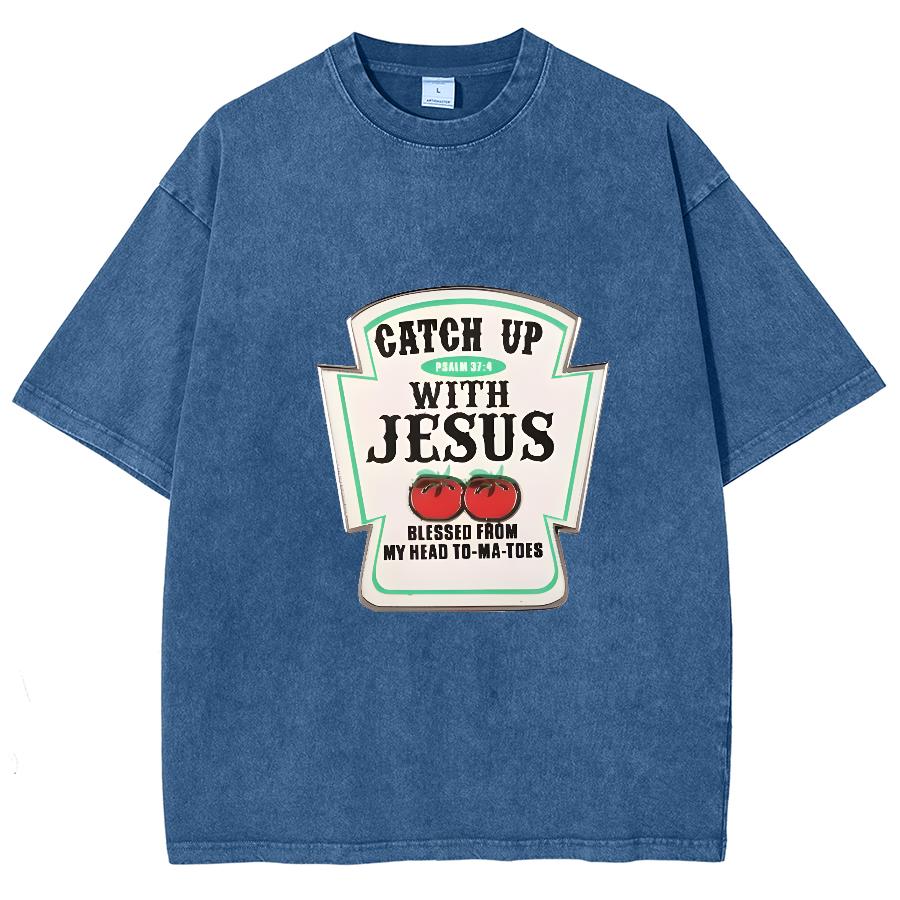 Jesus Letter Print Women's Wash T-Shirt Oversized Loose Unisex Half Sleeve American Retro Minimalist Top