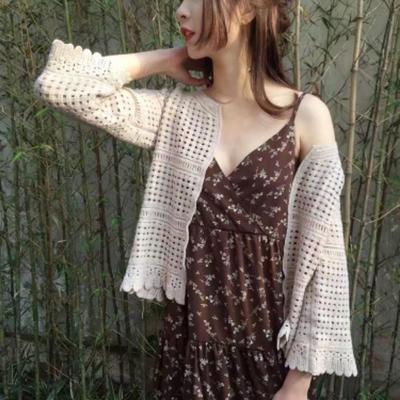 Minimally Short Shawl Hollowed Out Knitted Sweater for Spring and Summer Thin Seven Quarter Sleeve Slim Fit Cardigan for Women with Air Conditioning
