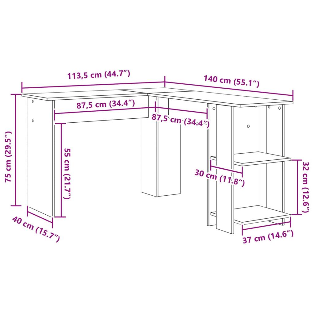 Corner Desk White 140 x 113.5 x 75 cm Particleboard