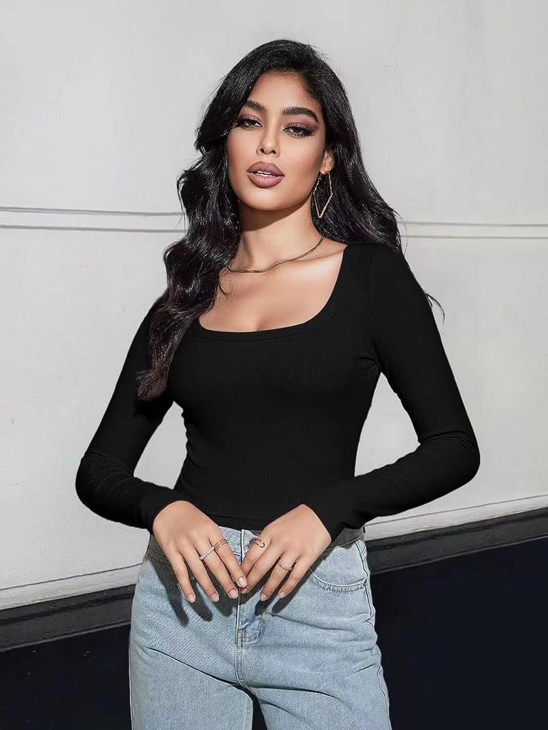 Spring women's tops slim fit short long sleeve square neck T-shirt for hot girls casual and versatile