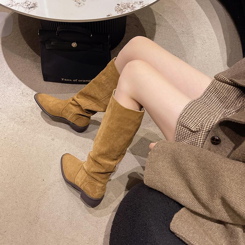 Fashion Winter Vintage Pleated Women Mordern High Boots Designer Slip On Pointed Toe Internal Elevation Shoes Botas De Mujer