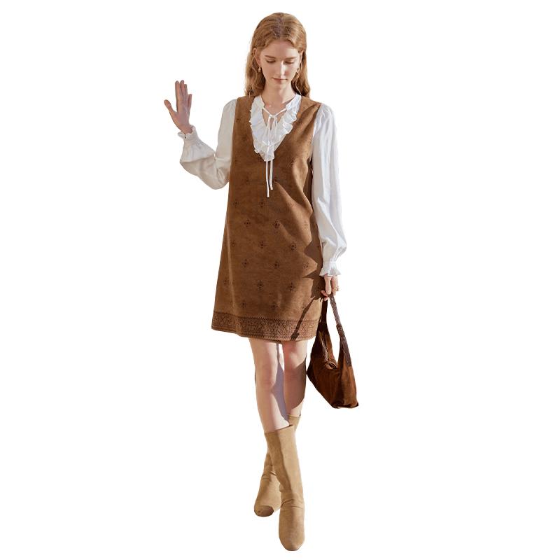 Xiangying Retro Suede Print Sleeveless A-Line Dress XL