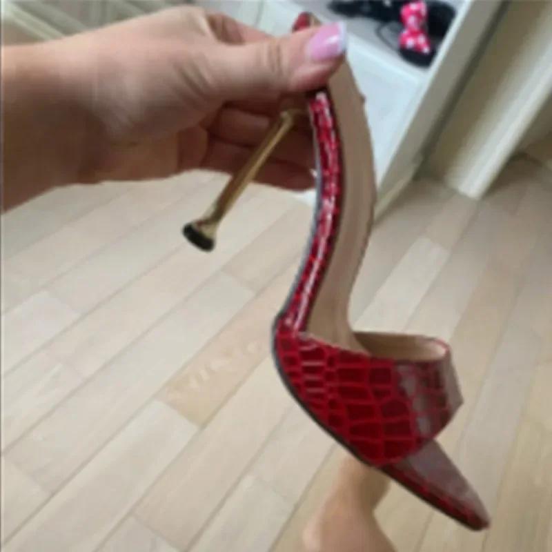 Snake Print Strappy Mule Women Thin High Heels Slippers Sandals Pointed Peep Toe Slides Party Flip Flops Shoes Sandals