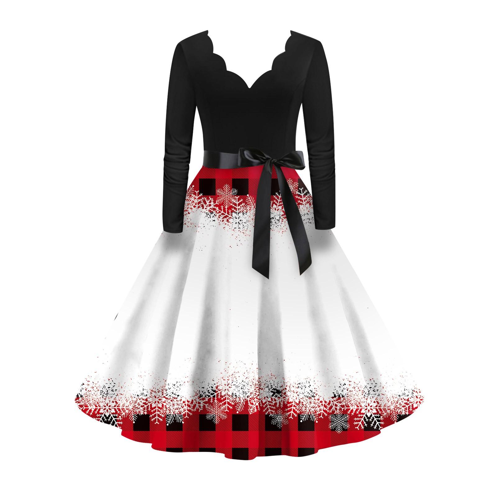 

Women s Vintage Dress Long Sleeve Christmas Print V-neck Swing Dress XXXXXL