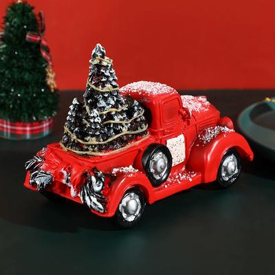 Christmas Retro Red Truck Resin Ornaments Crafts Christmas Karting Car Red Pull With Mini Green Christmas Tree Desktop Home Deco