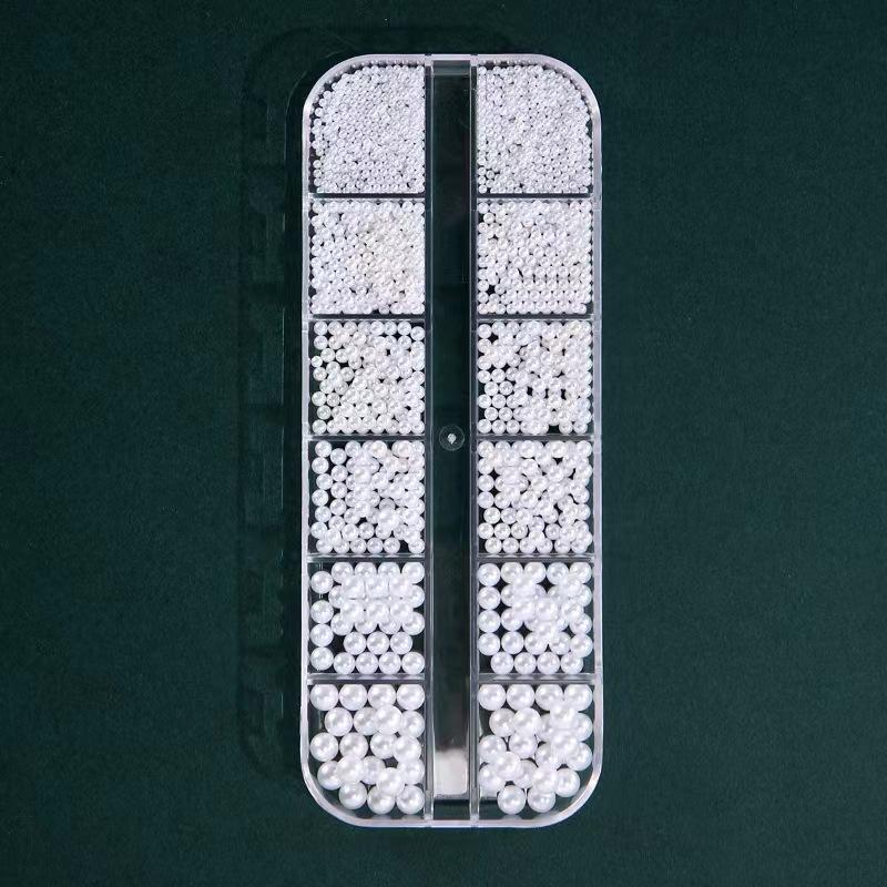 24-Grid Nail Art Pearl Rhinestones: Half & Full Round Off White and Pure White Mix