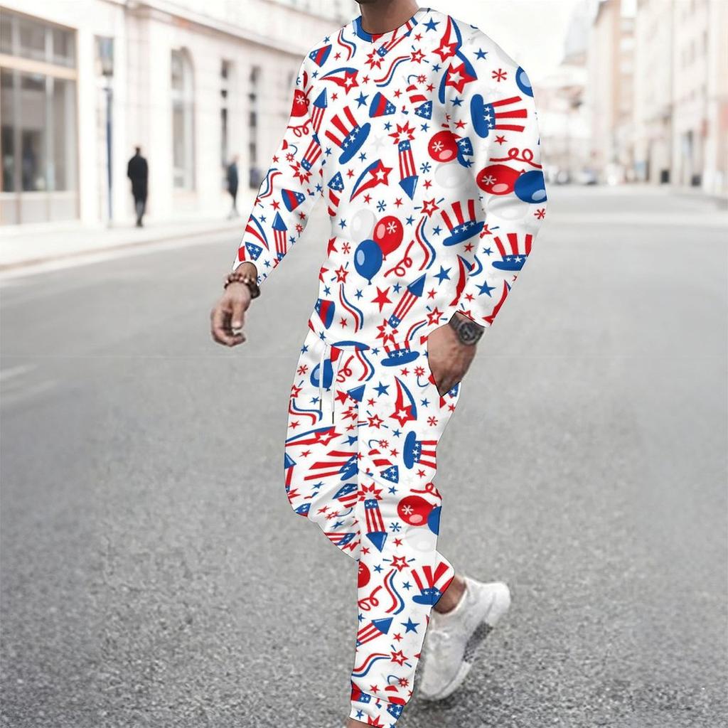 Men Dark Blue Patriotic Popsicle Print Long Sleeve Sweatshirt And Drawstring Jogger Pants Two Piece Outfit