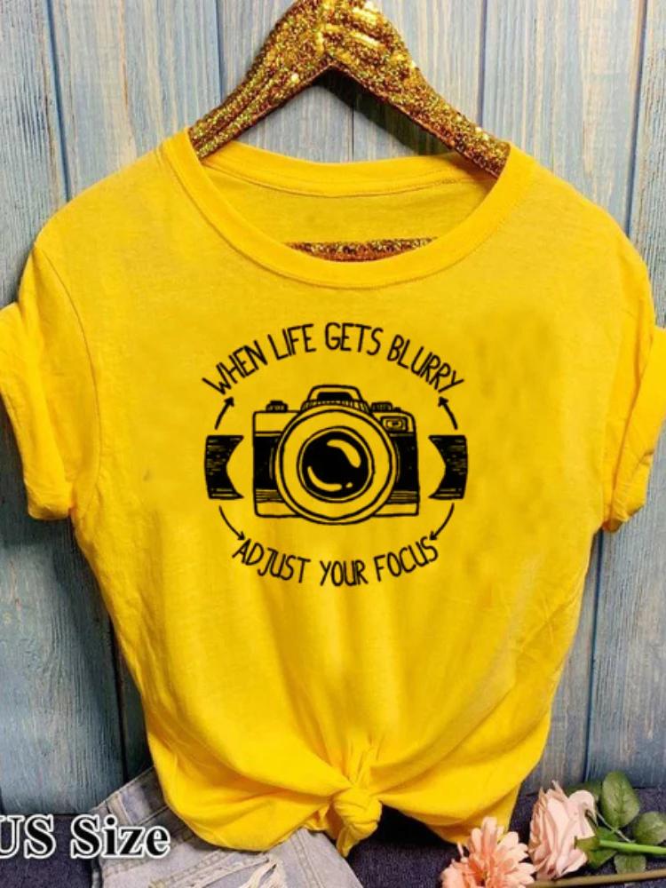 Adjust Your Focus Letter Camera Print T Shirt Women Short Sleeve O Neck Loose Women Tshirt Ladies Summer Tee Shirt Tops Clothes