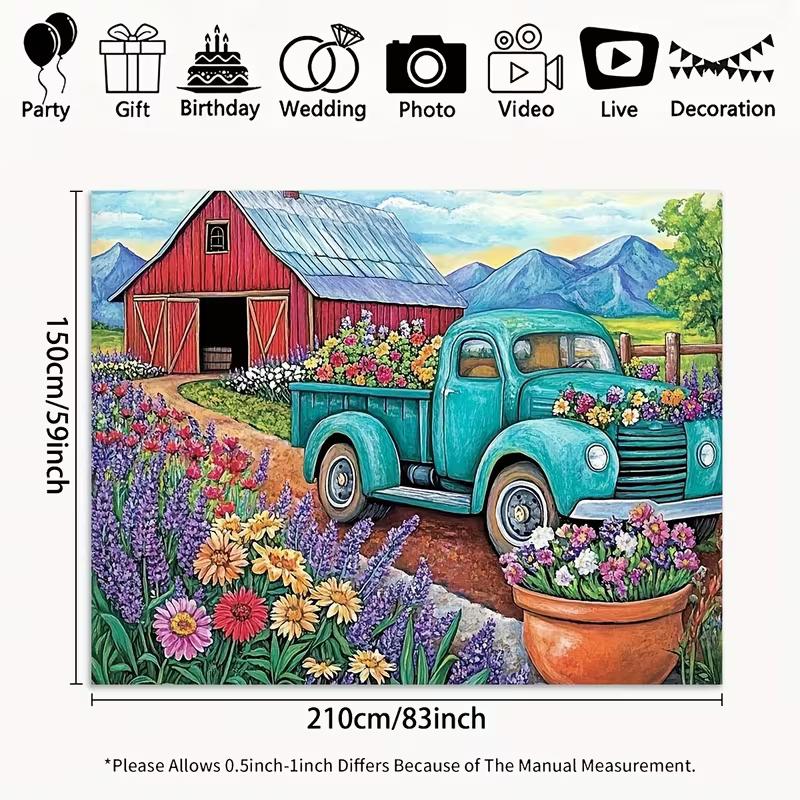 2D Rustic Farm Barn and Teal Truck Backdrop for Spring Party Photoshoot