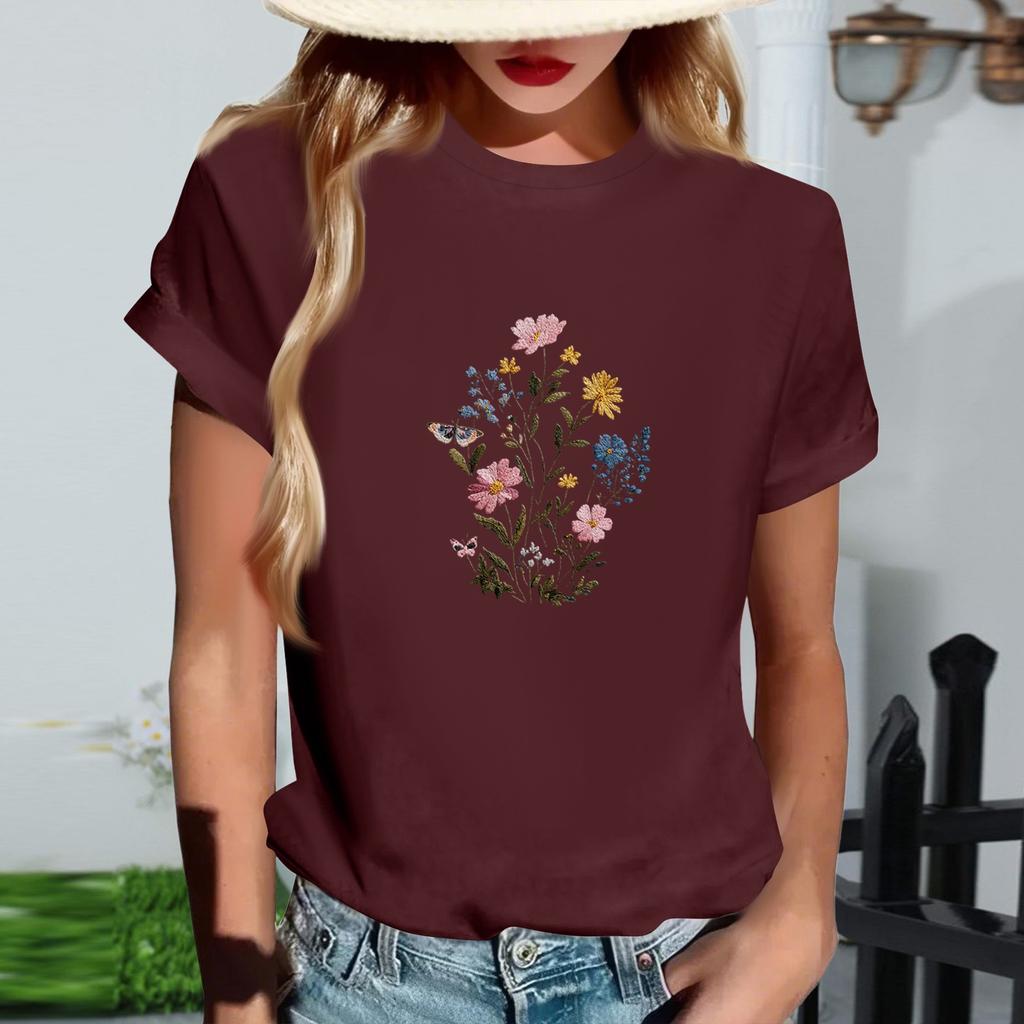 Women's Fashionable Round Neck Casual Retro Print Short Sleeved T-shirt Top