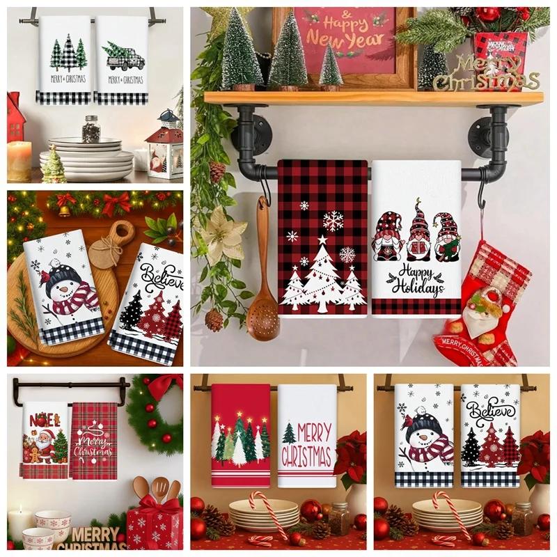 1pc Christmas Kitchen Towels Christmas Tree Kitchen Dish Towels Green Buffalo Plaid Xmas Tree Dishcloth For Farmhouse Home Decor