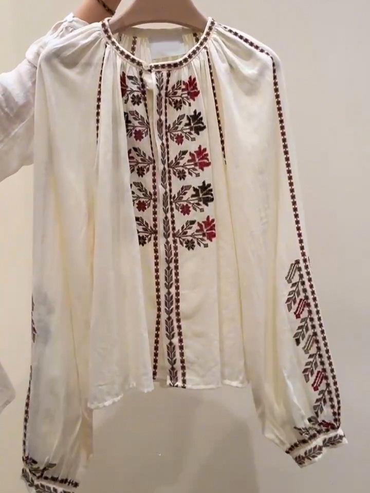 2026 Early Spring Women's French Ethnic Embroidered Pure Cotton Shirt with Long Lantern Sleeves