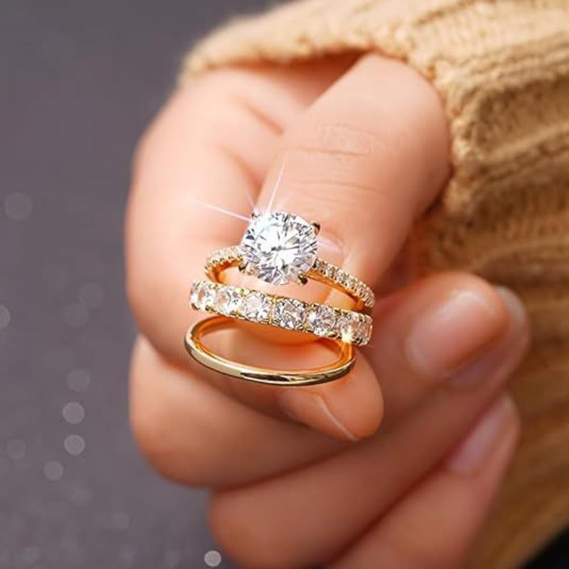 3Pcs Set Luxury Temperament Five-Claw Inlaid Crystal Zircon Ring For Women Wedding Fashion Charm Jewelry Sets Accessories