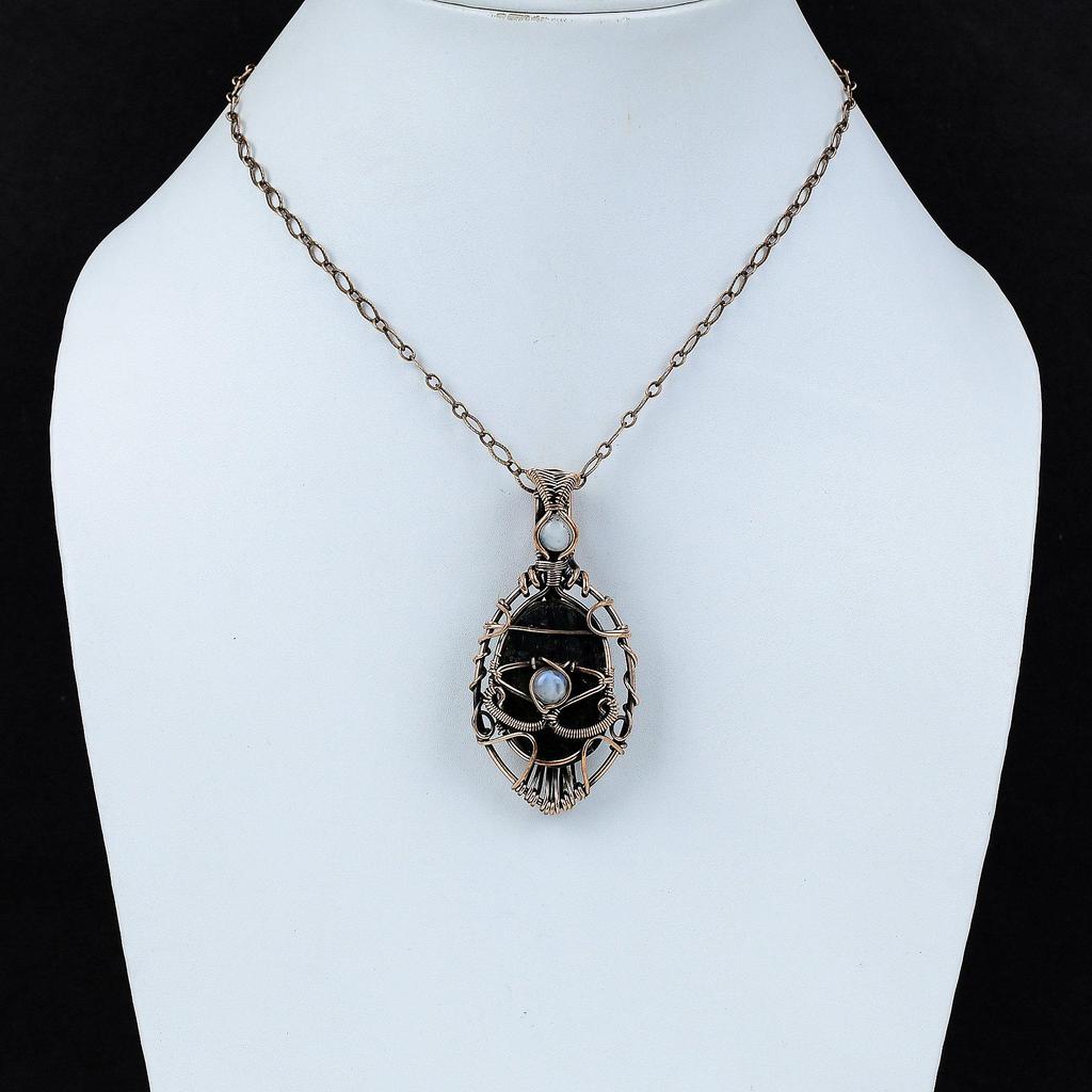 Black Tourmaline Rough Pendant Copper Wire Wrapped Pendant Moonstone Gemstone Jewelry Handmade Evil Eye Pendant Copper Jewelry Gift For Her