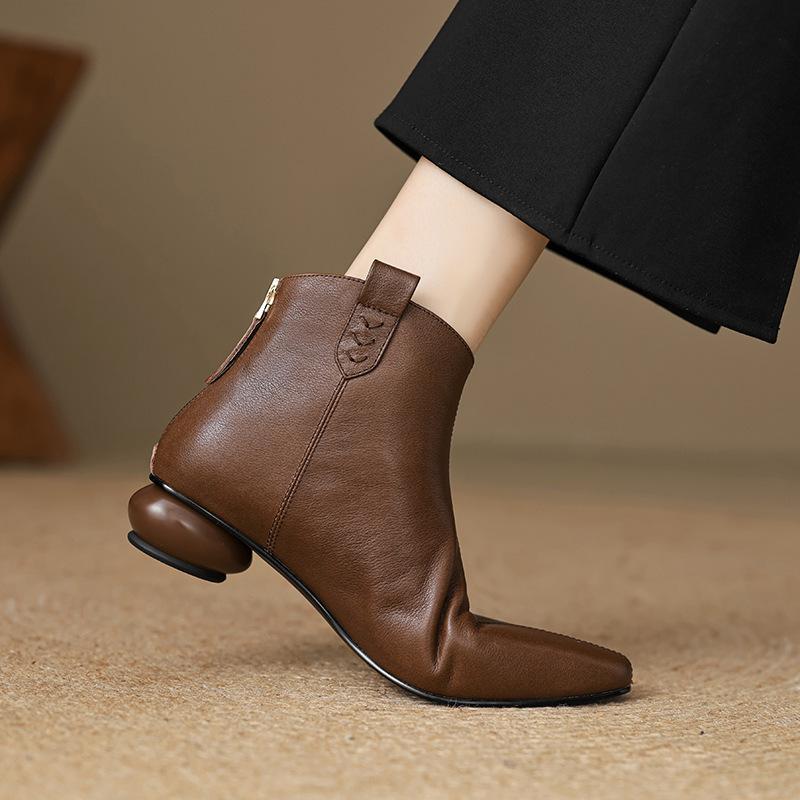 Small Pointed Ankle Bare Boots After Autumn And Winter Zipper Thick Heel Medium Heel Short Boots Versatile Huge Soft Single Boots Women