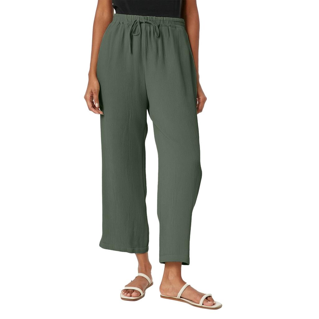 Dámské jednobarevné bavlněné a lněné kalhoty s kapsami a elastickým pasem, volnočasové kalhoty