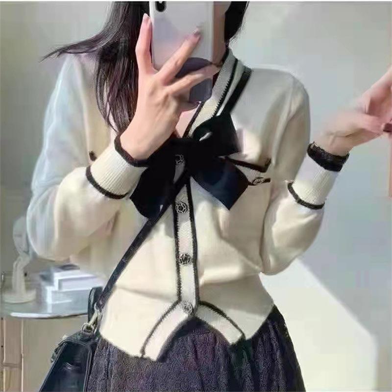 Red sweater women's spring and autumn fashion new chic coat women's Hong Kong flavor trendy bow knitted sweater women